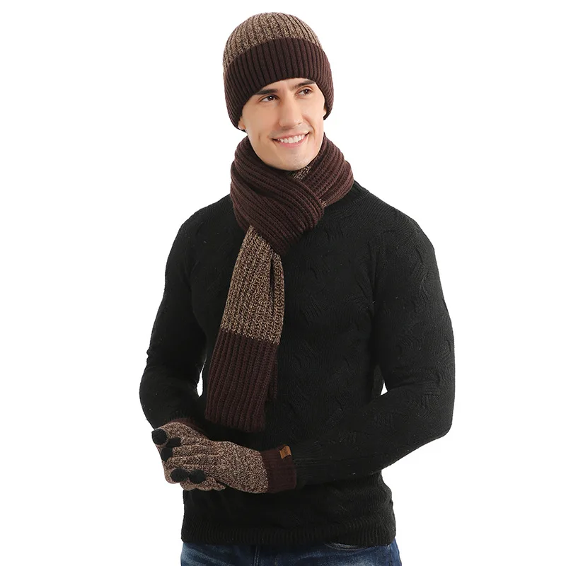 Ensemble unisexe pour hommes, bonnet, gants, écharpe, fil de laine tricoté, silencieux, chapeau de couleur contrastée, automne et hiver