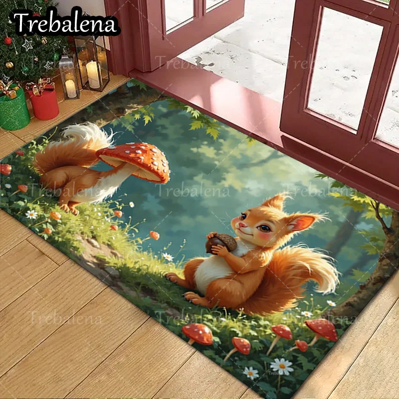 

1pc Welcome Door Mat Cute Squirrel and Mushroom Forest Theme Doormat for Home Decor