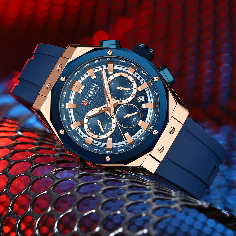 CURREN Men Wristwatch Fashion Luxury Waterproof Sport Stopwatch Quartz Watches Business Wrist Watch for Man Silicone Strap