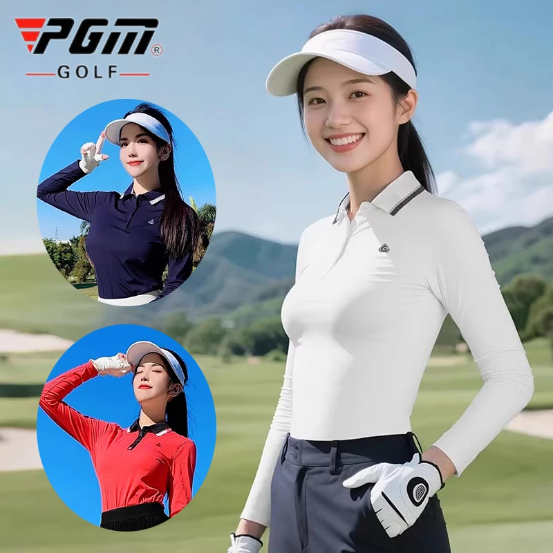 pgm-ゴルフ服女性秋長袖-tシャツポロシャツソフト弾性フィットネストップ通気性ゴルフスポーツウェア-s-xl
