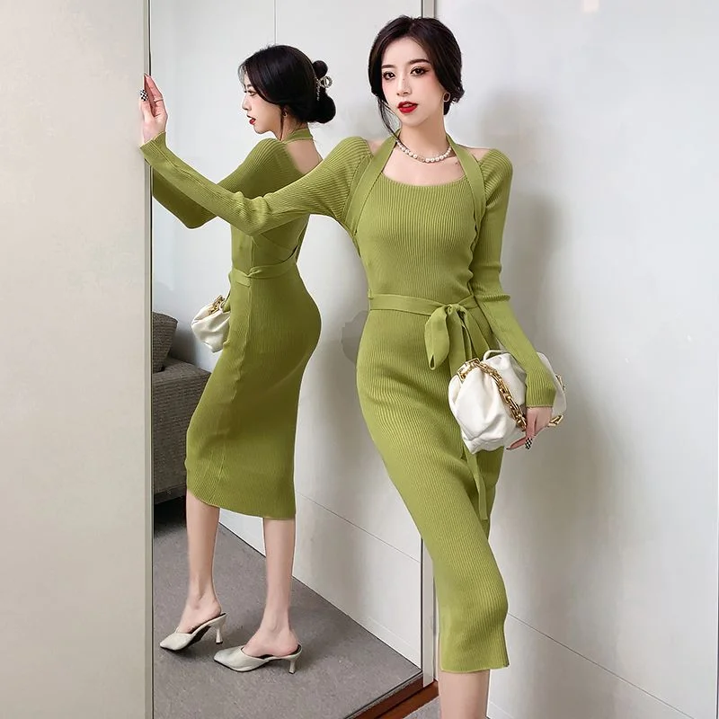 Bandage Birthday Luxury Designer Knitted Dresses Female Autumn Winter 2024 Midi Ladies Sweater Dress Sexy Party Gala Elegant New