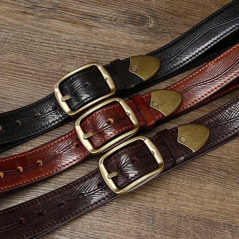 3.8CM Wide Thickened Double Side Head Layer Cowhide Copper Buckle Belt Men's Leather Needle Buckle Superior Men's  Luxury Belt