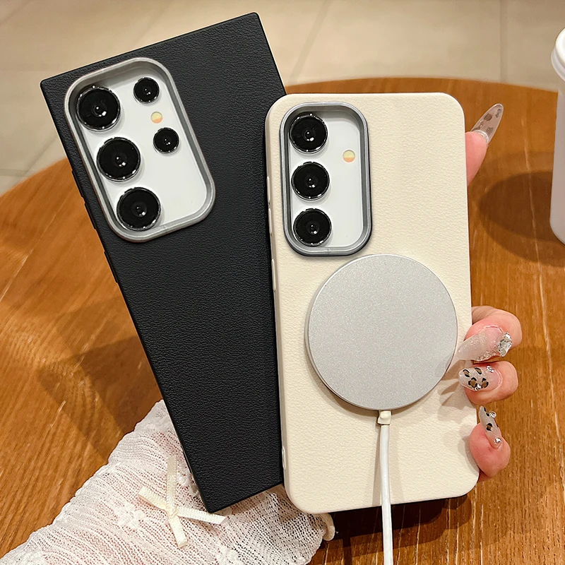 Leather Texture Magnetic Case For Magsafe For Samsung Galaxy S24 S23 S21 S20 FE S22 S25 Ultra S24 Plus Soft Silicone Phone Cover