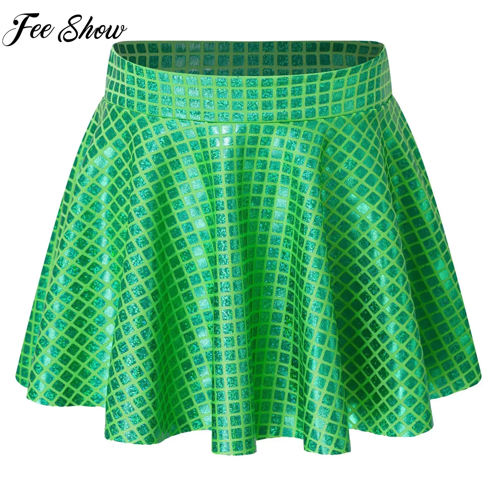 Women Skirt Elastic Waistband Ruffled Shiny Plaid Sequins Clubwear Mini Skirts for Cheerleading Music Festival Rave Costume