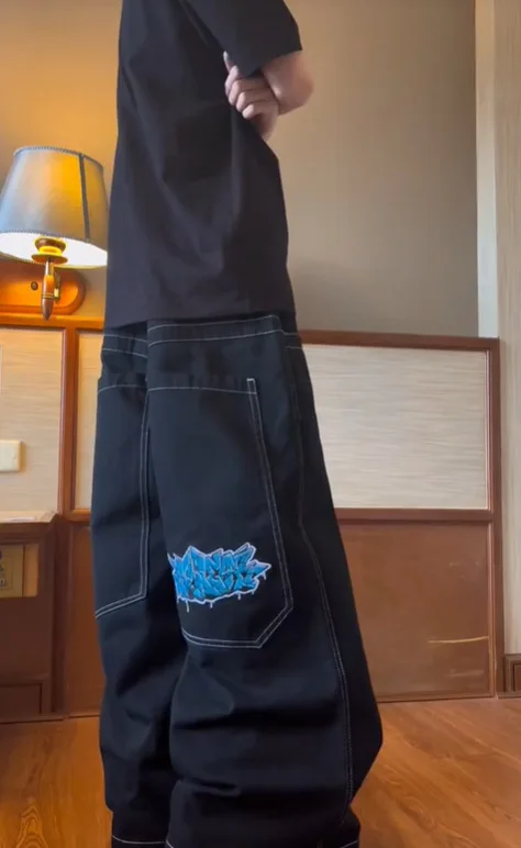 High street embroidered jeans, hip-hop loose wide-leg jeans
