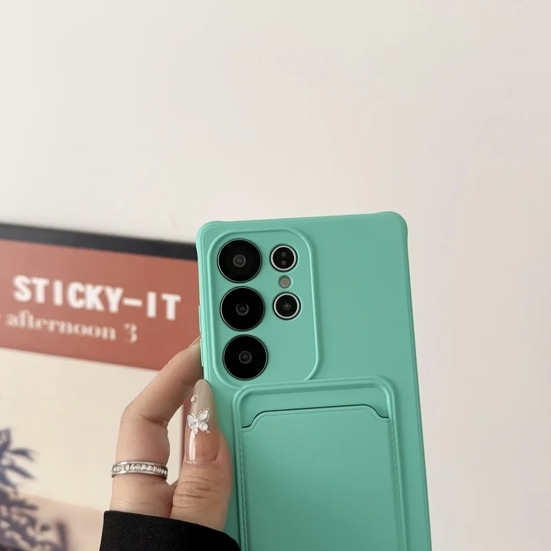 حافظة جيب للبطاقات من السيليكون السائل لهاتف سامسونج جالاكسي S25 S24 S23 S22 S21 Ultra Plus S24FE غطاء خلفي مقاوم للصدمات