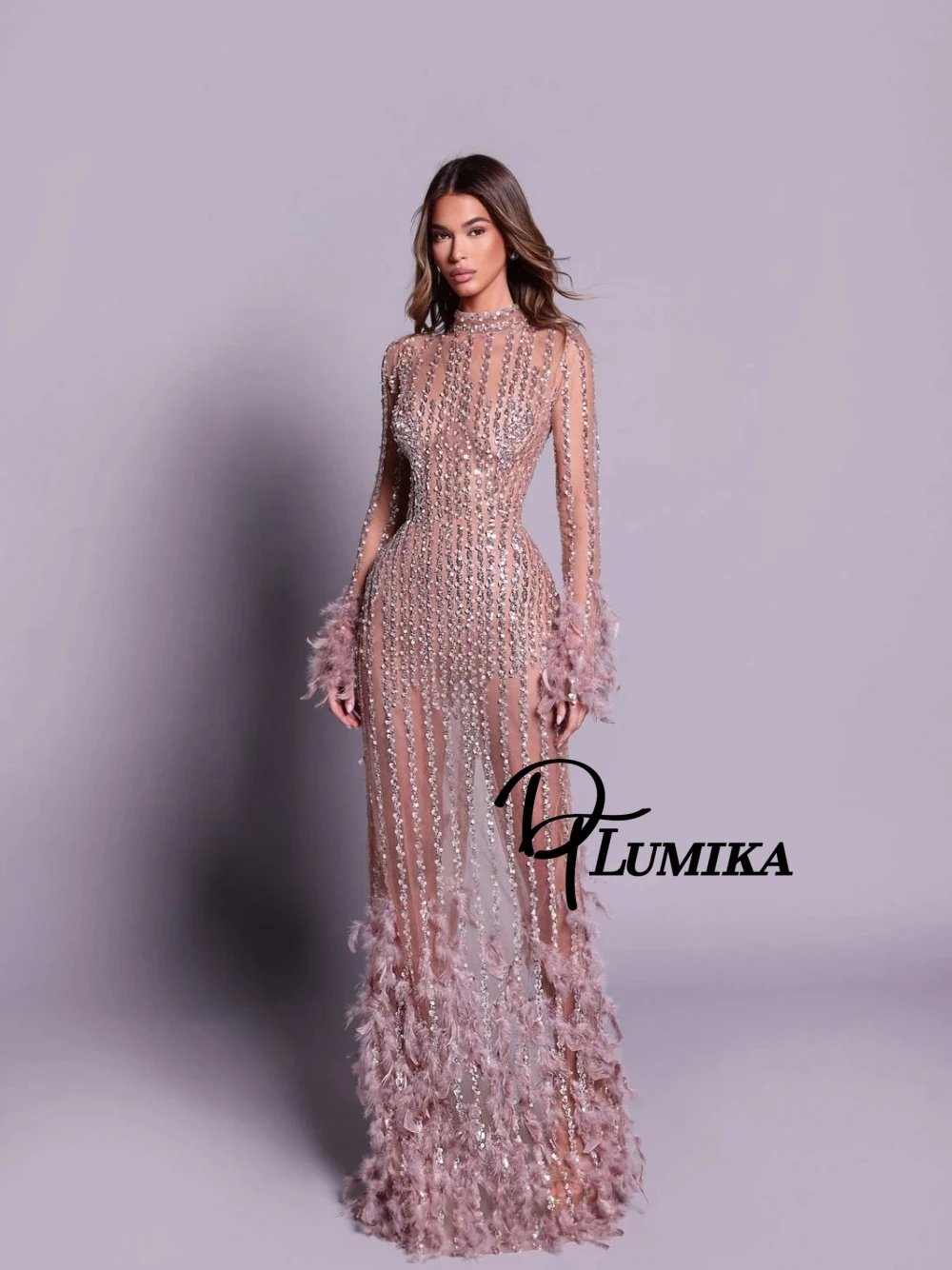 

Гламурное вечернее платье, женское прозрачное сетчатое платье со стразами и перьями, длинное сексуальное облегающее вечернее платье для коктейлей и гала-класса