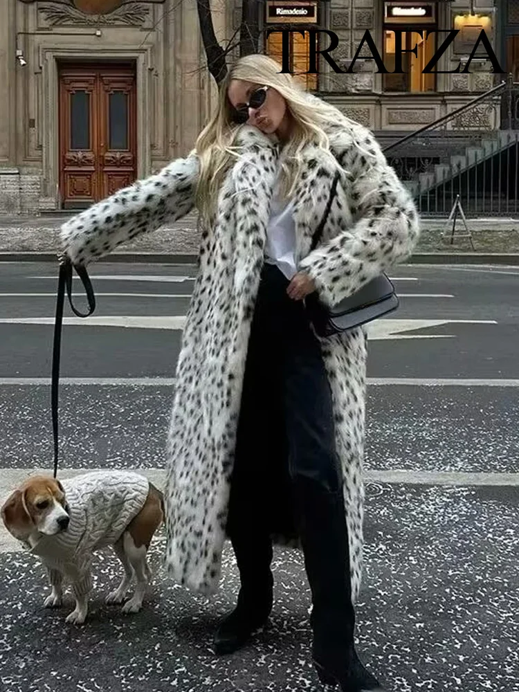 TRAFZA Frauen Mode Drehen Unten Kragen Tasten Schmücken Winter Warme Lange Mantel Frau Drucken Lange Ärmel Casual Faux Pelz Oberbekleidung