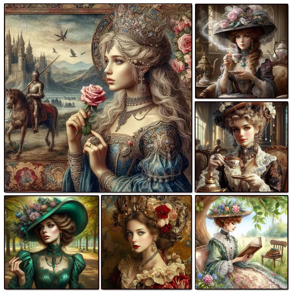 Victorian Lady Diamond Painting Beautiful Vintage Woman New Beads Embroidery Mosaic 5D Full Diamond Cross Stitch Kits Wall Art