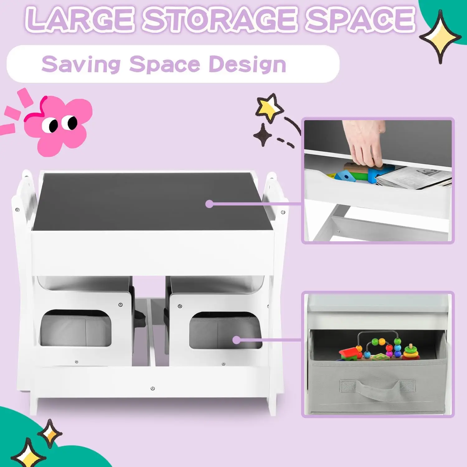 طقم طاولة خشبية وكرسيين من كينج كيدز، طاولة أنشطة للأطفال 3 في 1 مع مساحة تخزين، سطح طاولة قابل للإزالة، سبورة سوداء، طفل صغير من 3 قطع