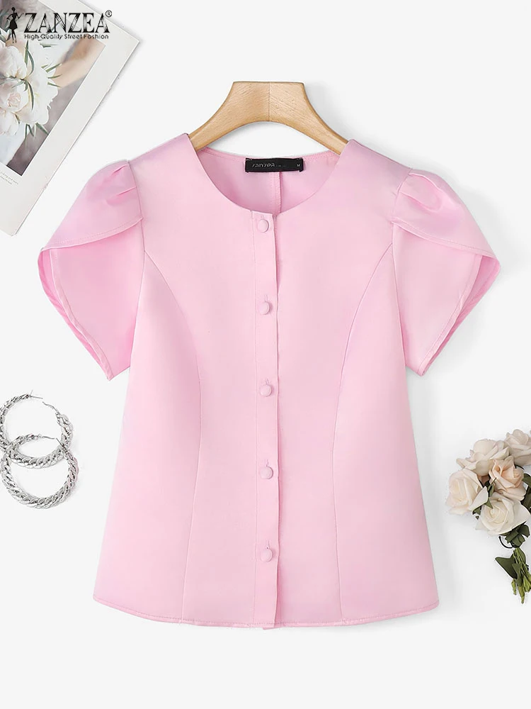 

ZANZEA Elegant Satin Shirts Women Short Puff Sleeve Solid Color Blouses Office Lady Tops 2025 Fashion Buttons Silk Blusas Femme
