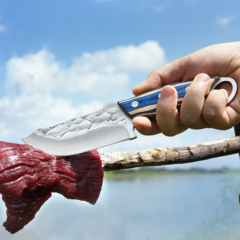 1PC 9.3 inch, kitchen multi-purpose knife, 4mm blue wood handle, for outdoor kitchen, camping camping barbecue straight knife