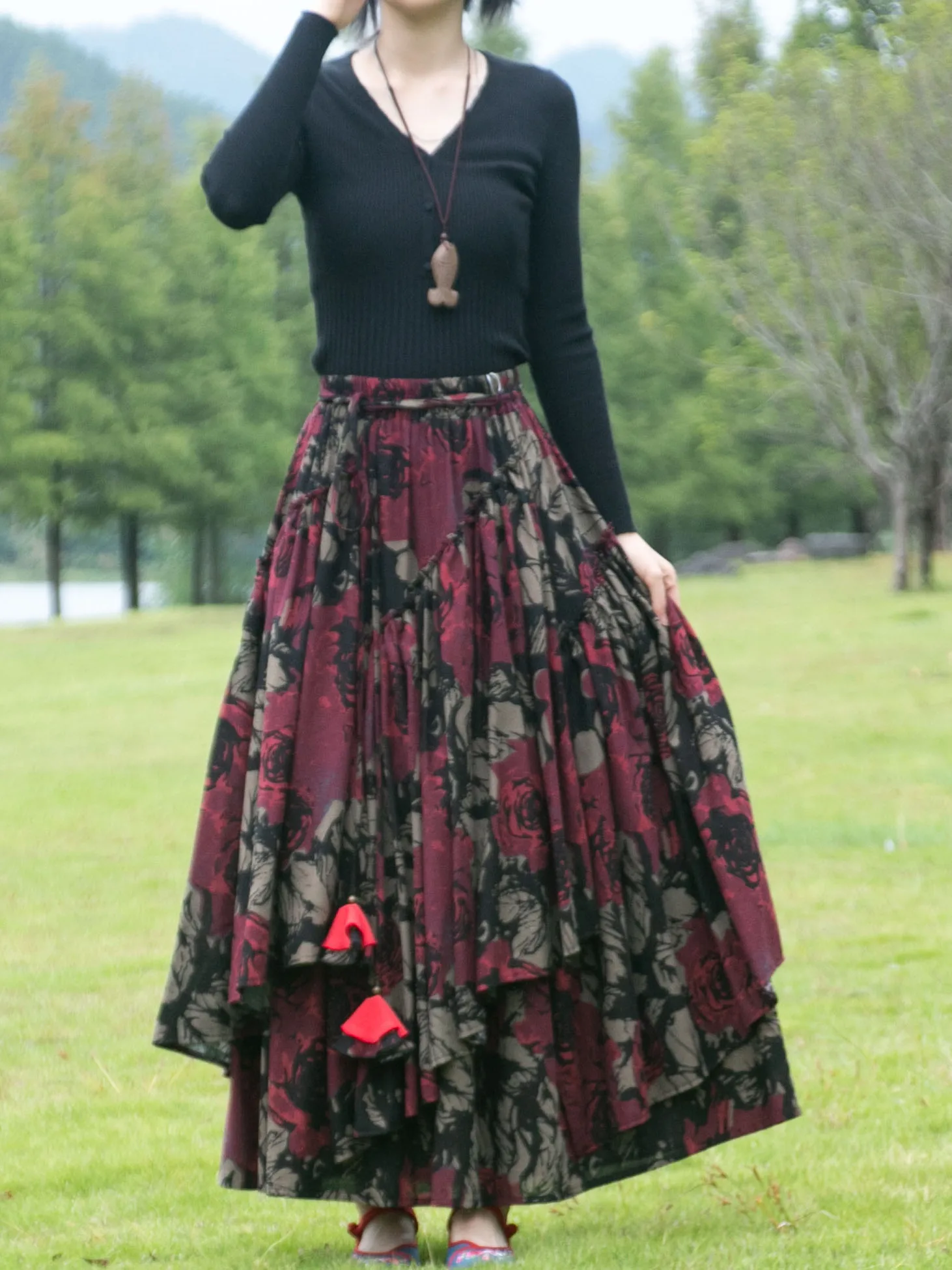 

TIYIHAILEY-Женская длинная юбка макси, эластичная талия, хлопок-льня, цветочный принт, нестандартная форма, осенне-зимние женские юбки S-2XL