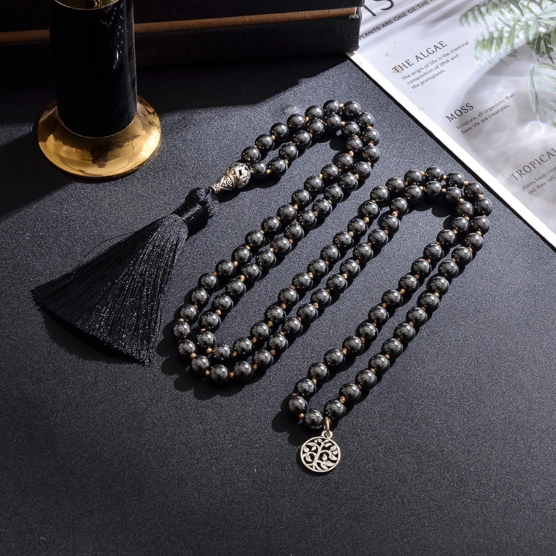 

8mm Black Hematite Beaded Knotted Necklace 108 Mala Meditation Yoga Blessing Jewelry Men Women Prayer Japamala Rosary