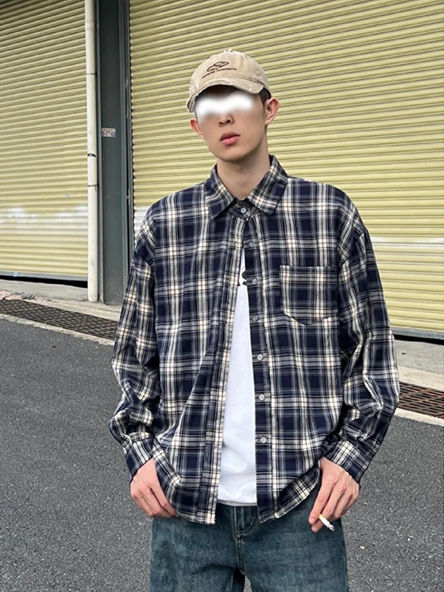 

Мужская рубашка в контрастную клетку, весенне-осенняя, винтажная, с эффектным дизайном, молодежная, с воротником-стойкой, с длинным рукавом, модная