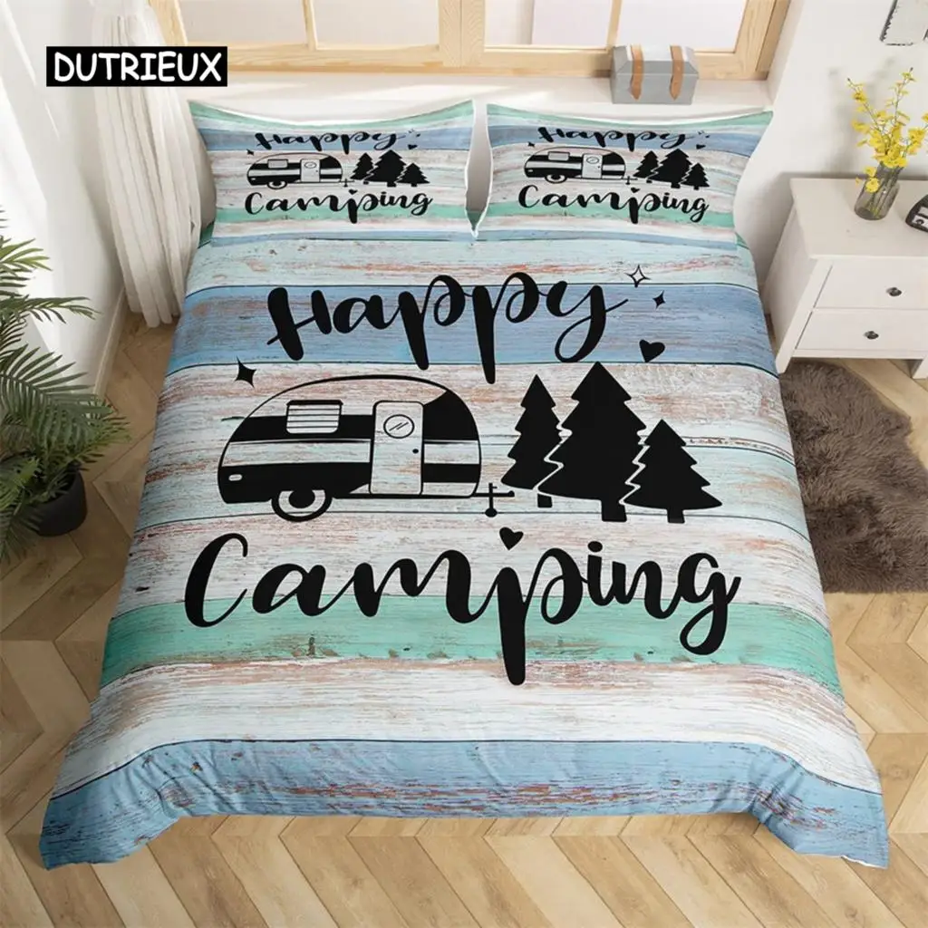 Camping Duvet Cover Set Cartoon Camper Comforter Cover Old Barn Door Bedding Set Cowboys Wooden Farmhouse Style for Kids Decor