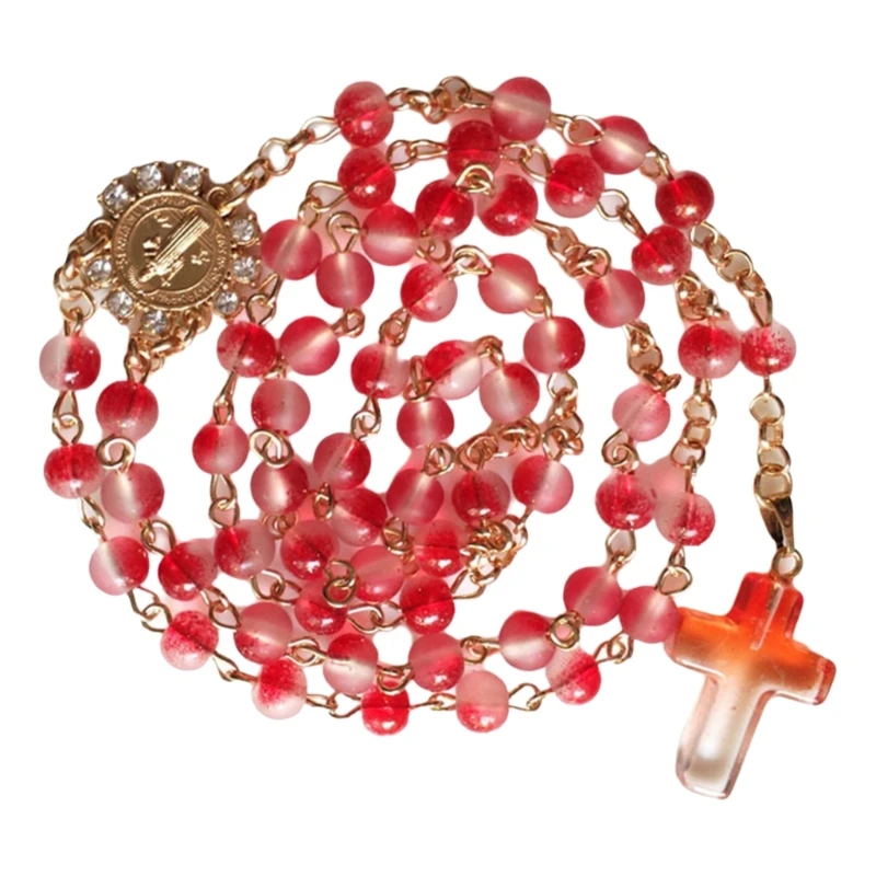 34cm Transparent Glass Beads Crosses Rosary Necklace Church Souvenir Christian Religious Jewelry Gifts for Women Men