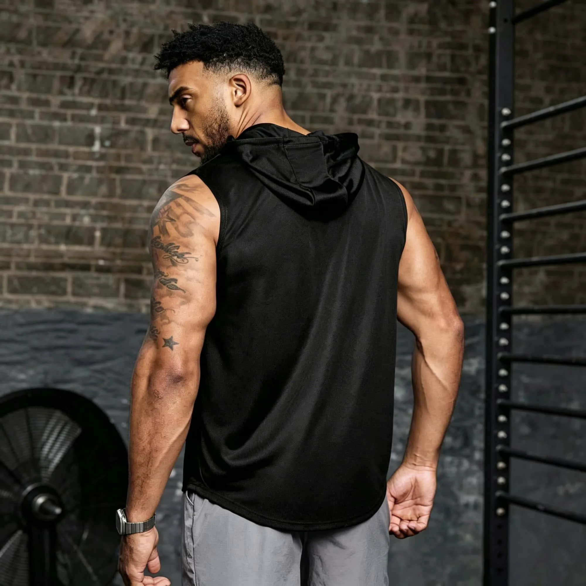 Streetwear Men Minimal Dumbbell Logo Sleeveless Hooded Tank Top Quick Dry Slim Fit Gym Training Weightlifting Muscle Sports Vest
