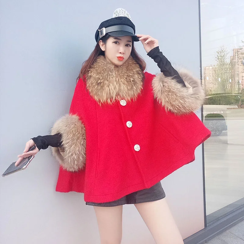 Winter 2023 Autumn Wool and Coat Women New Raccoon Fur Collar Cape Jacket Female Thick Warm Fur Woolen Coat Casaco Feminino