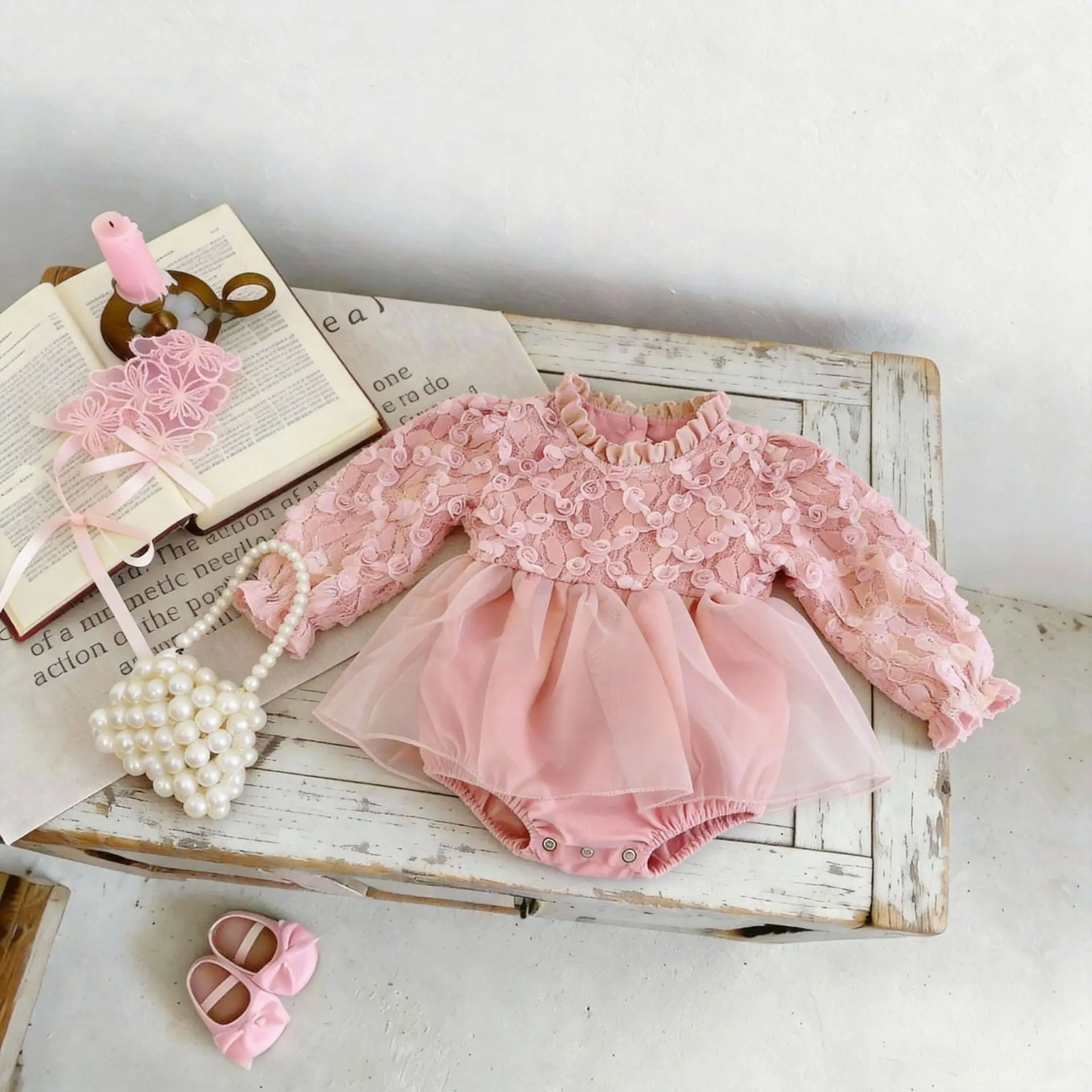 2026-spring-new-baby-girl-cute-petal-mesh-splicing-bodysuit-girls-long-sleeve-princess-dress-infant-toddler-jumpsuit-0-24m
