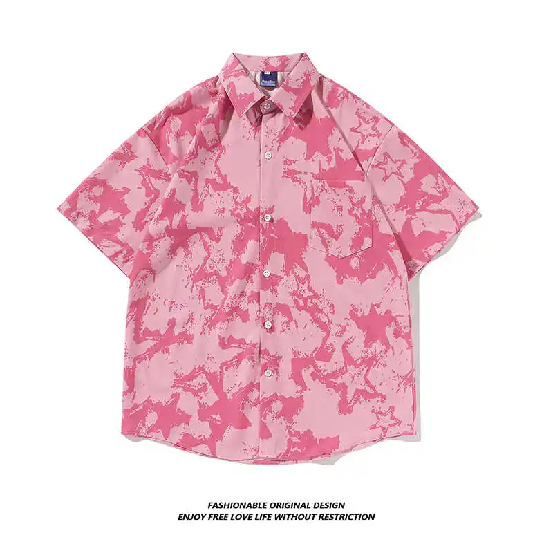

Summer Pink Printed Loose Short Sleeve Men's Shirt Street Style Beach Casual Couple's Fashionable Floral Patterned Top