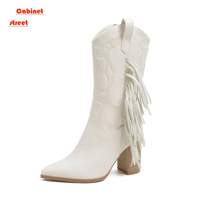 

2024 Europe-usa Autumn/winter Pointed Mid-leg Knight Women Mid-calf Boots Embroidered Tassel White New Western Cowboy Boots