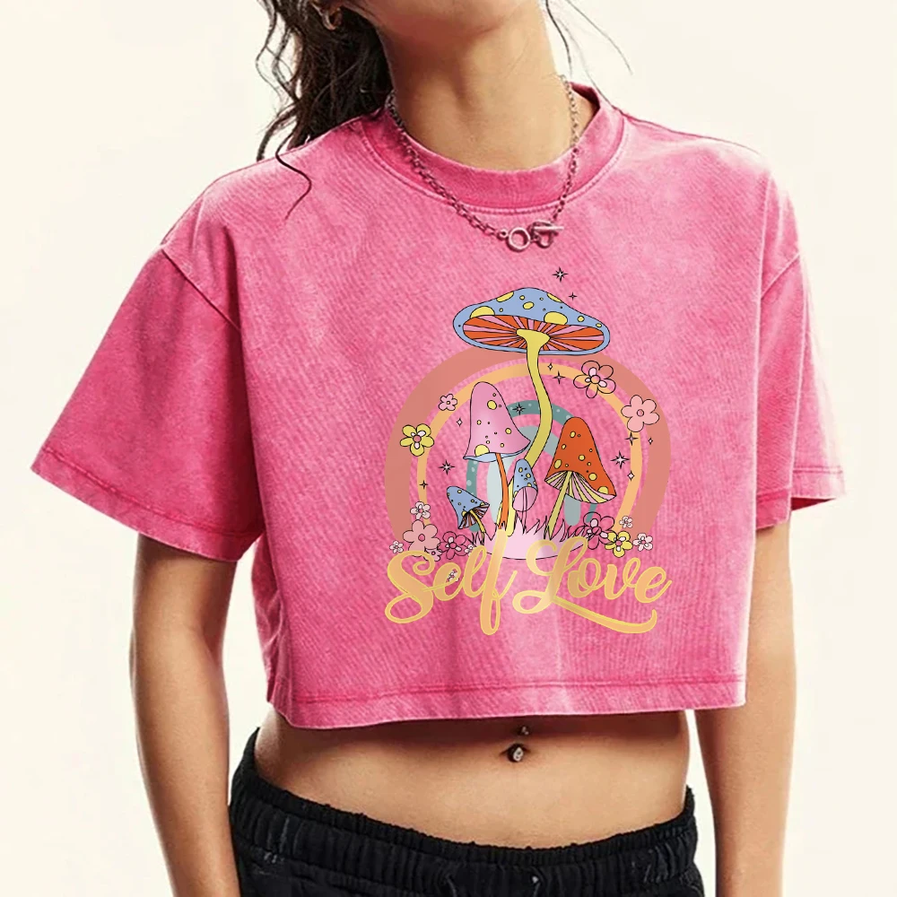 Mushrooms That Grow Freely Print Women Washed T-Shirt Casual Crop T Shirt Summer Cotton Clothes Fashion Slim Short Sleeve Female - Image 2