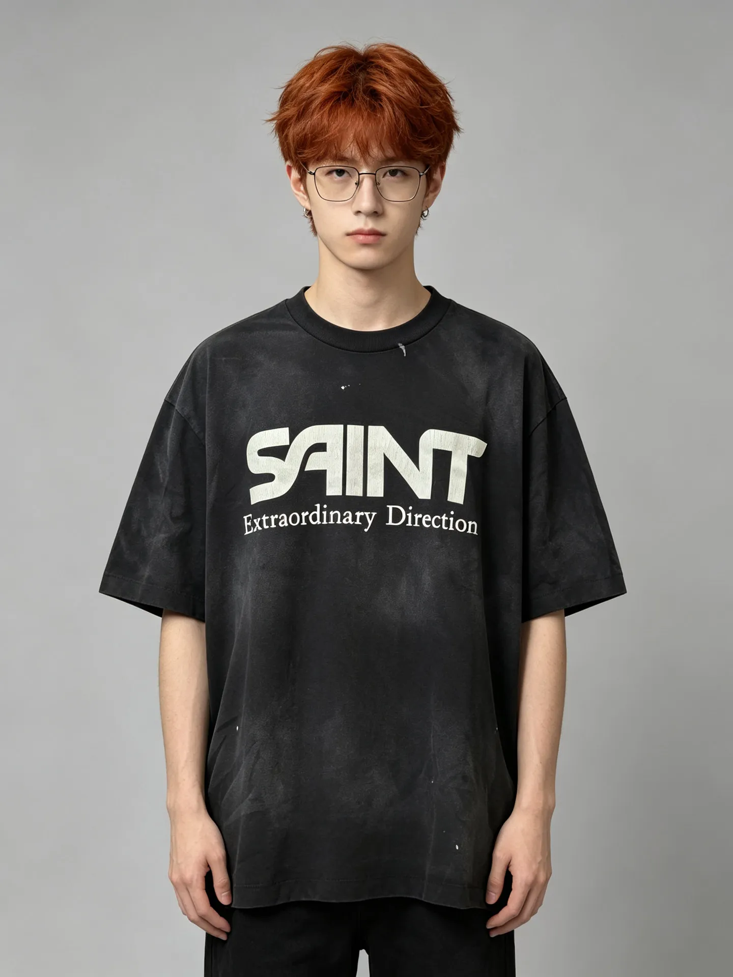 Yao Fashion New Vintage Saint Tops Ink Splashing Crack Logo Tee Cotton Washed Retro Summer Kanye West Oversize T-shirt for Men