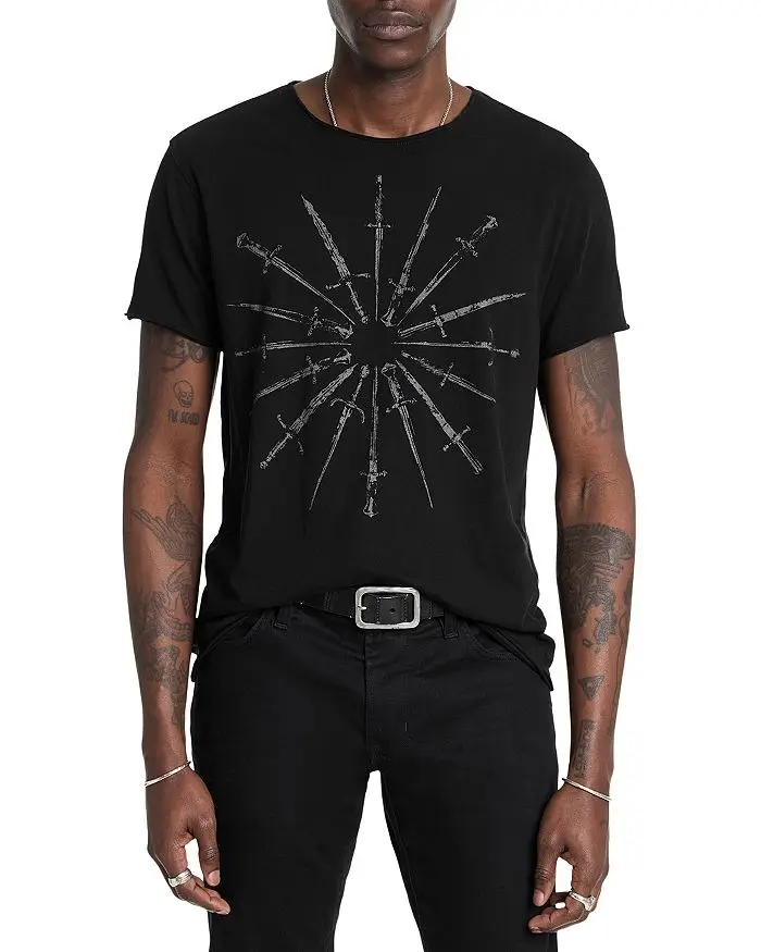 

Футболка John Varvatos Cotton Raw Edge Daggers с круглым рисунком --- Высококачественная роскошь для мужчин и женщин, топ Y2k