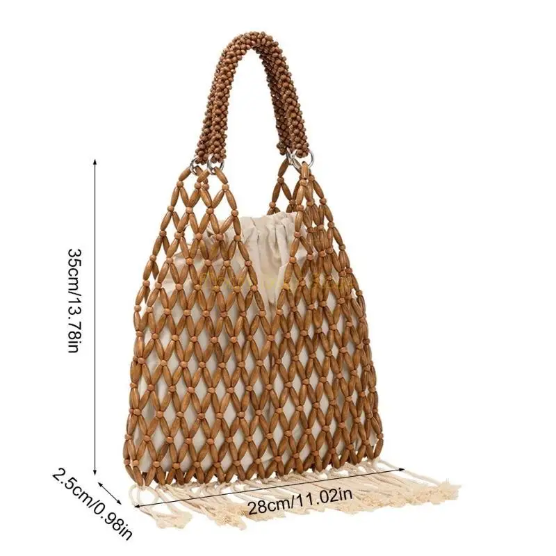 

X90D Fashionable Wooden Bead Handbag for Women Spacious Top Handle Bags Travel Handbags for Beach Parties and Daily Shopping