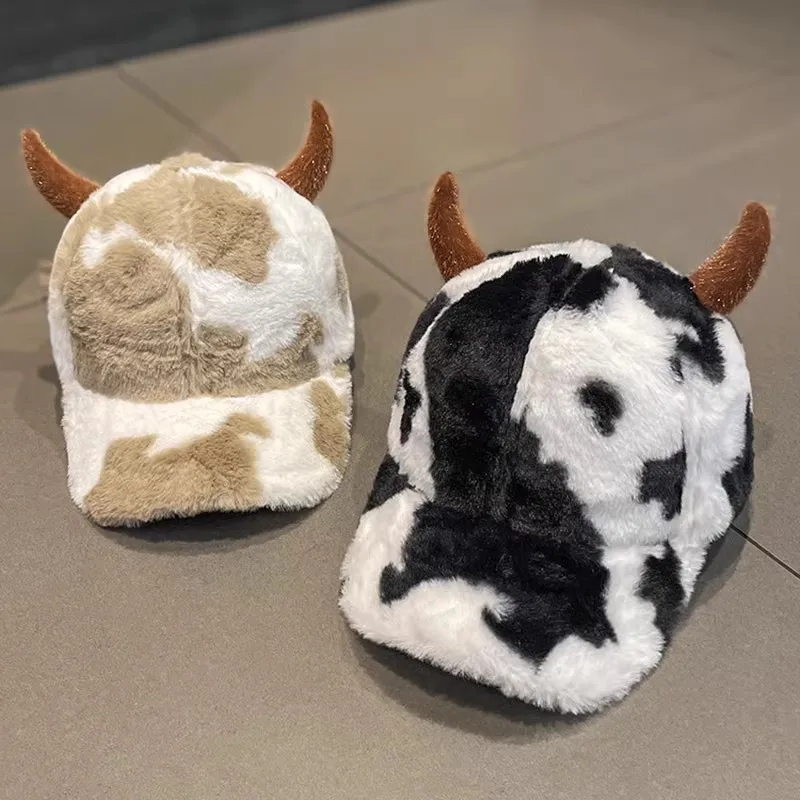 Funny Ox Horns Plush Hat Winter Thick Warm Cute Milk Cows Hat Student Baseball Cap