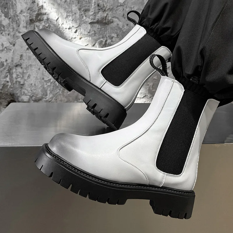 

men casual stage nightclub high genuine leather boots slip-on platform shoes cowboy autumn winter boot long chelsea botas hombre