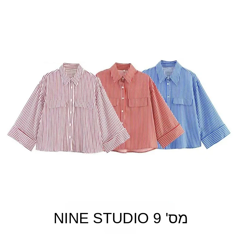 

Модная повседневная полосатая короткая рубашка, женский топ, однотонный, универсальный, свободного кроя, с полосатым дизайном, дышащий.