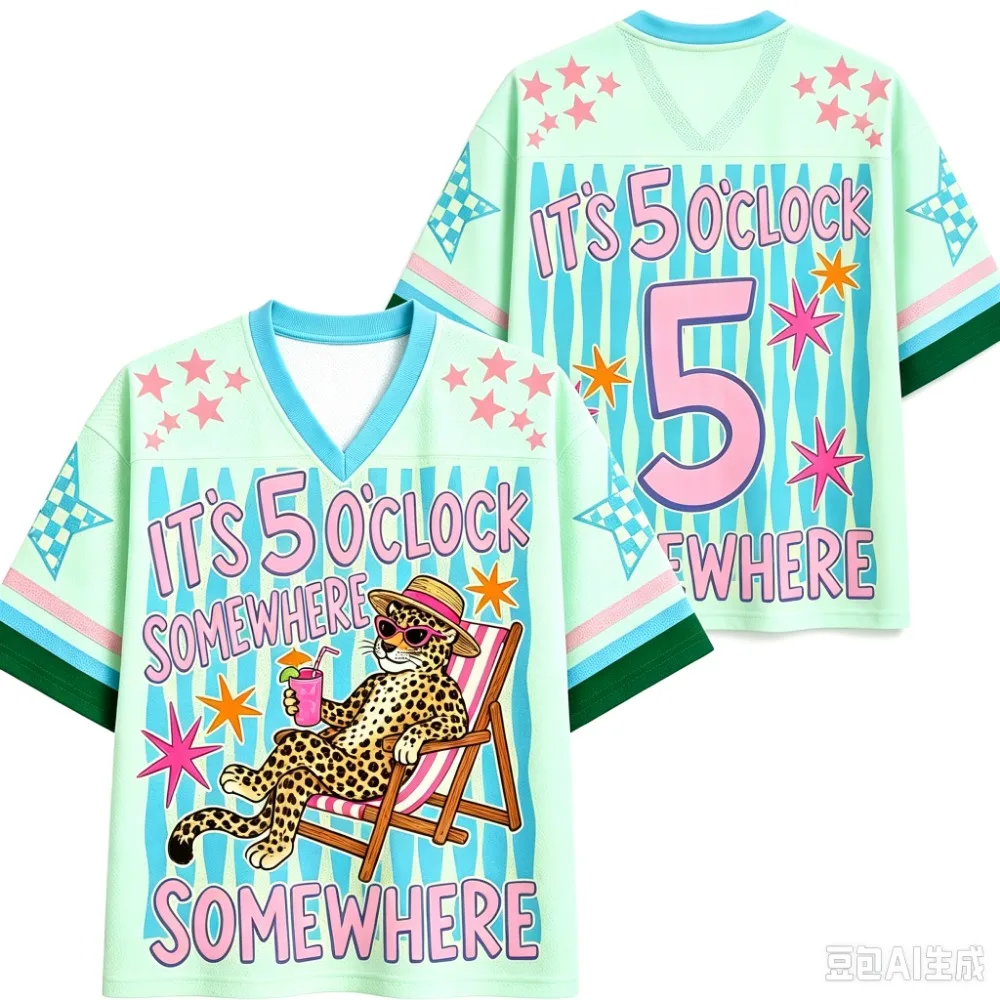 Fun Leopard Beach Lounge Chair - Beach Vacation Style 3D Print Quick-drying Breath Men V-neckT-Shirt Outdoor Casual Parent-Child