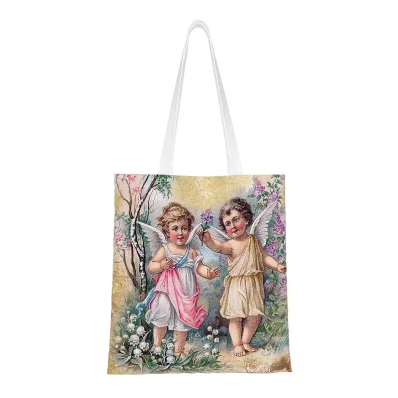 Custom Victorian Angel Shopping Canvas Bags Women Washable Grocery Vintage Angel Tote Shopper Bags