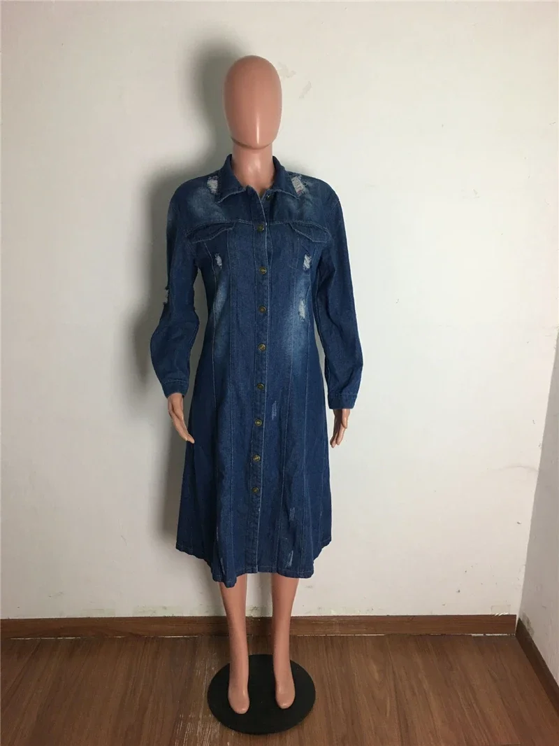 Nuovo arrivo moda foro cotone autunno inverno giacca di jeans lunga 2023 trench cardigan jeans mantello donna manica lunga Jean cappotto