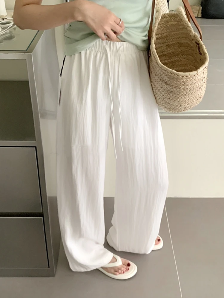 Summer 2025 Wide Leg Pants Elastic Waist Dstring Casual Lazy Sle Versatile Slimming Loose Fit High Waist Knitted Polyester