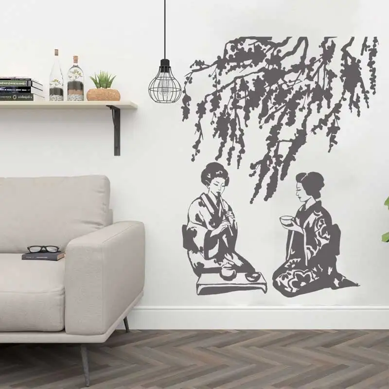 Japanese Traditional Geisha Vinyl Wall Sticker Girs Tea Ceremony Cherry Blossom Tree Japanese Clubhouse Teahouse Spa Decor Decal