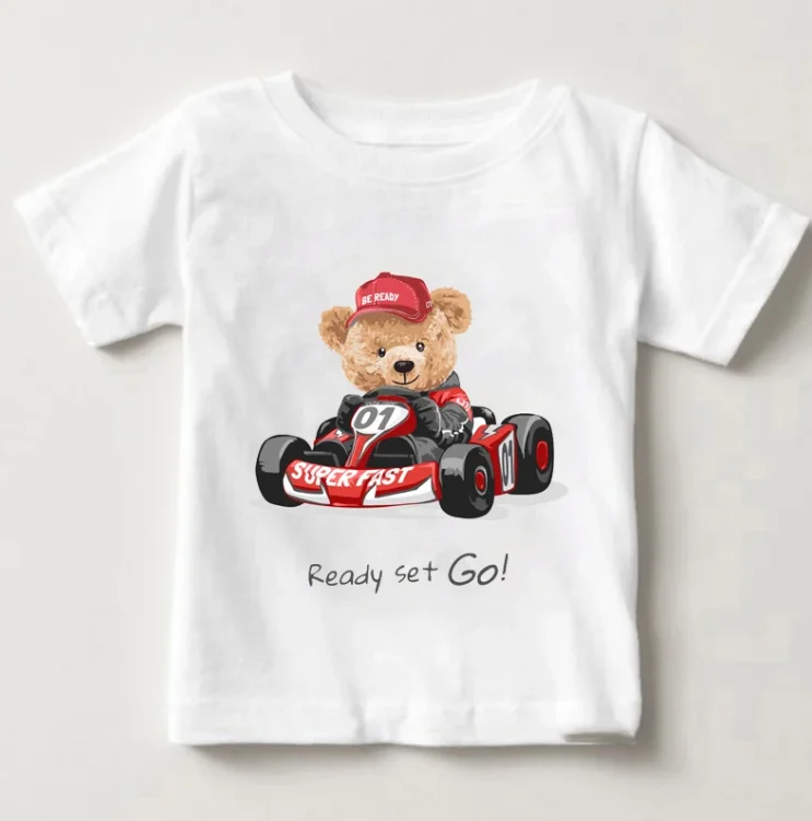 Cute Bear Riding Motorcycle Car Print Boys And Girls White T-shirt Children's Summer Harajuku Funny Baby Clothes Tops