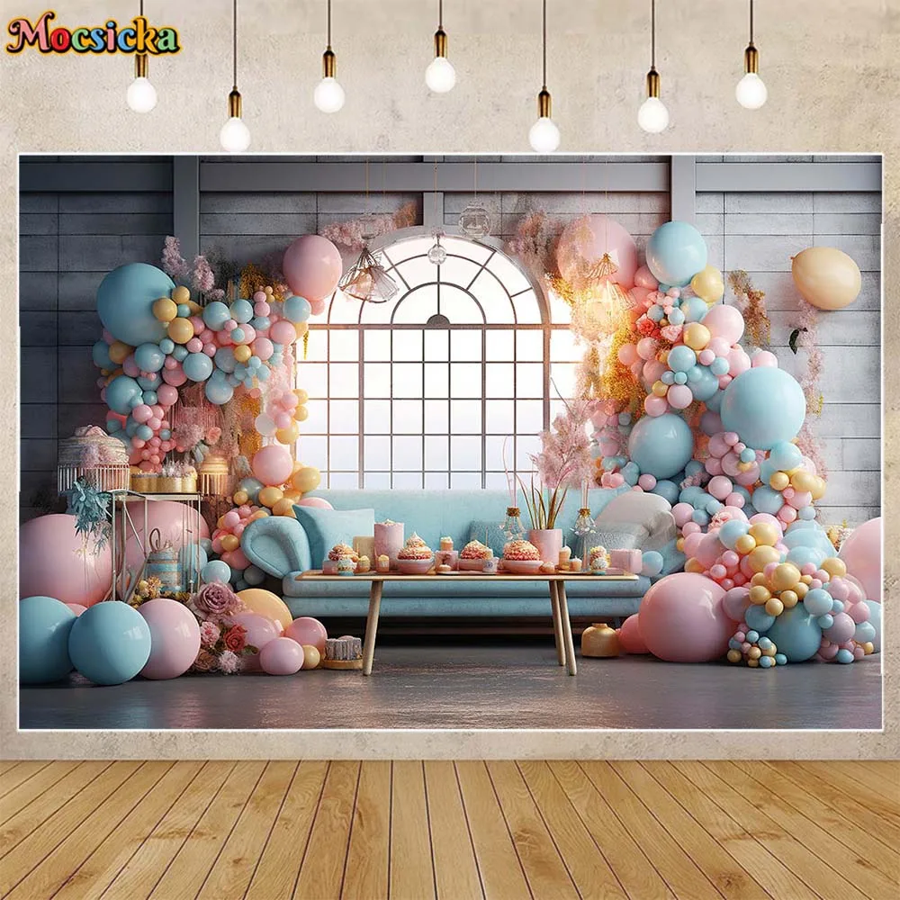 

Mocsicka Blue and Pink Balloon Sofa Kids Birthday Photography Backdrop Baby Cake Smash Party Photo Background Decor Studio Props