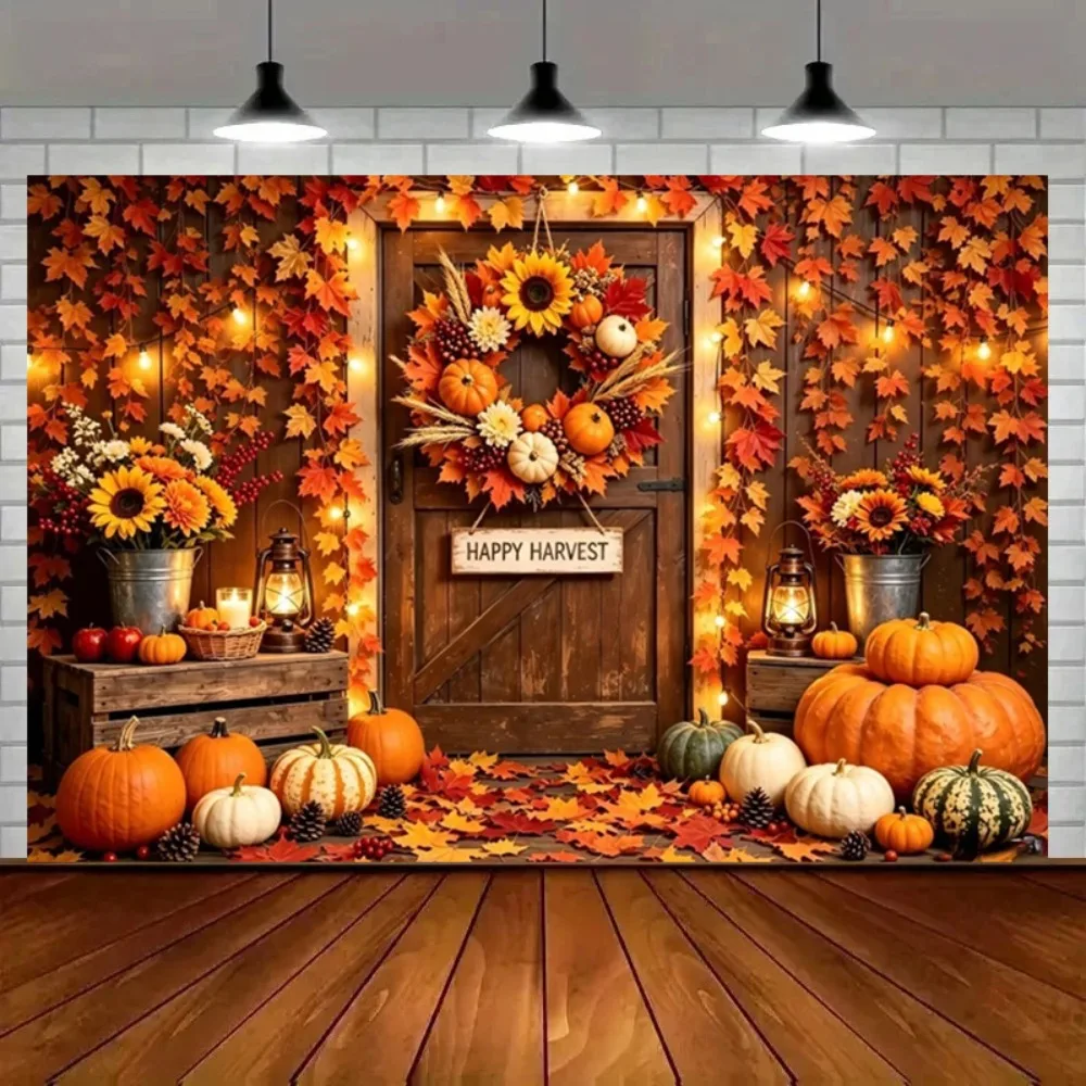 Autumn Maple Leaf Pumpkin Forest Wreath Theme Banner Background, Thanksgiving Party, Home Decoration Photography Backdrop Cloth