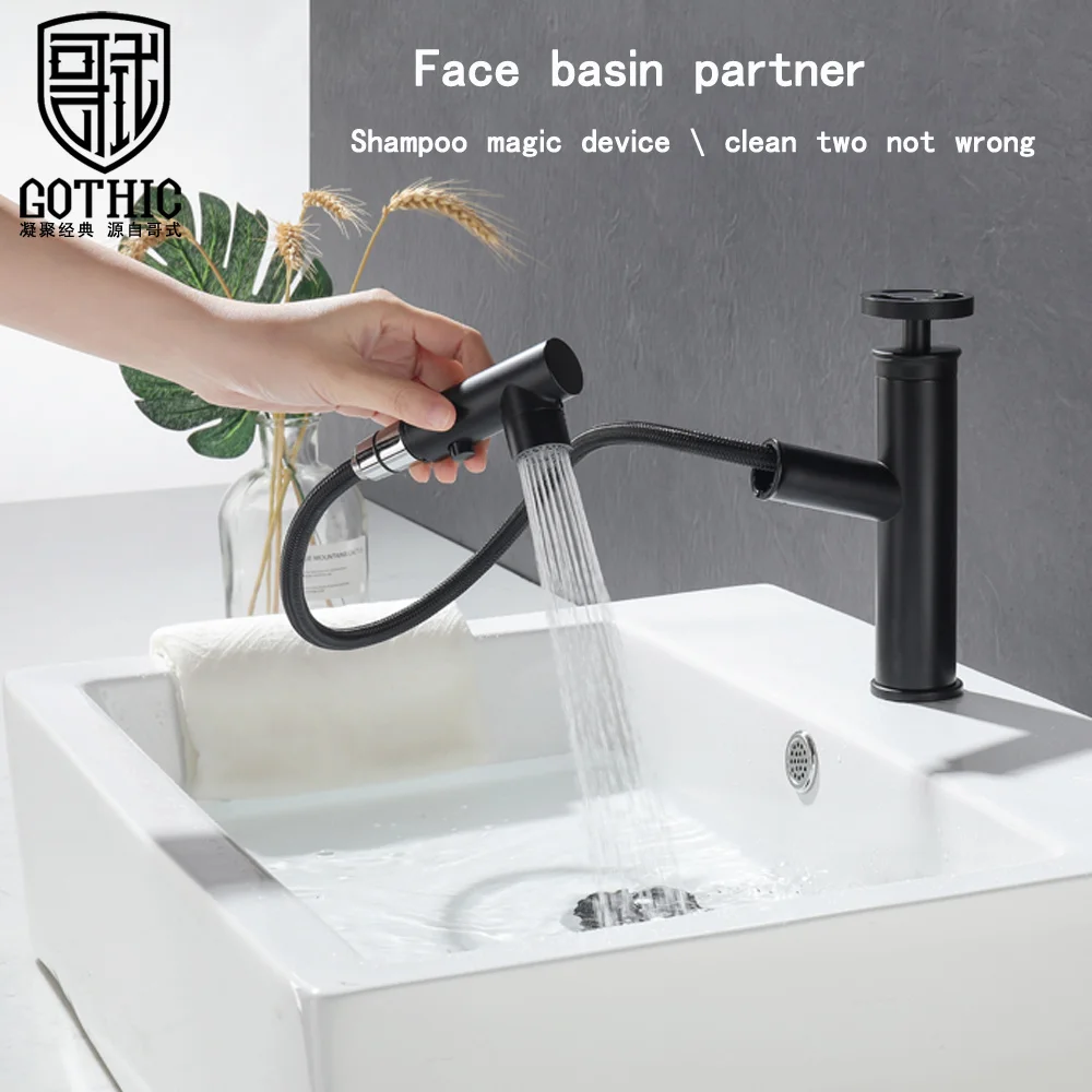 

Basin Faucet Brass Black Industrial Style Bathroom Sink Faucets Hot and Cold Water Crane Mixer Pull Out Shampoo Washbasin Tap