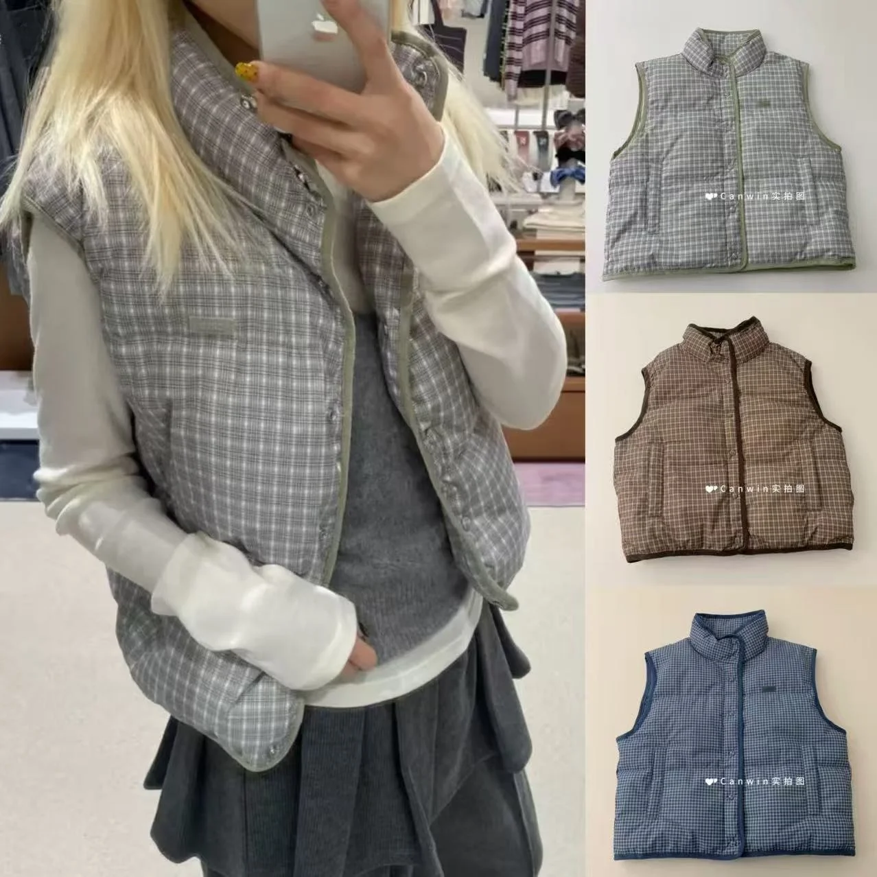 

VE LOVE2025 Winter ort Du down Plaid Vest Warm Versatile Outerwear Ladies Faion Warmth Cheered Patterned Jaet