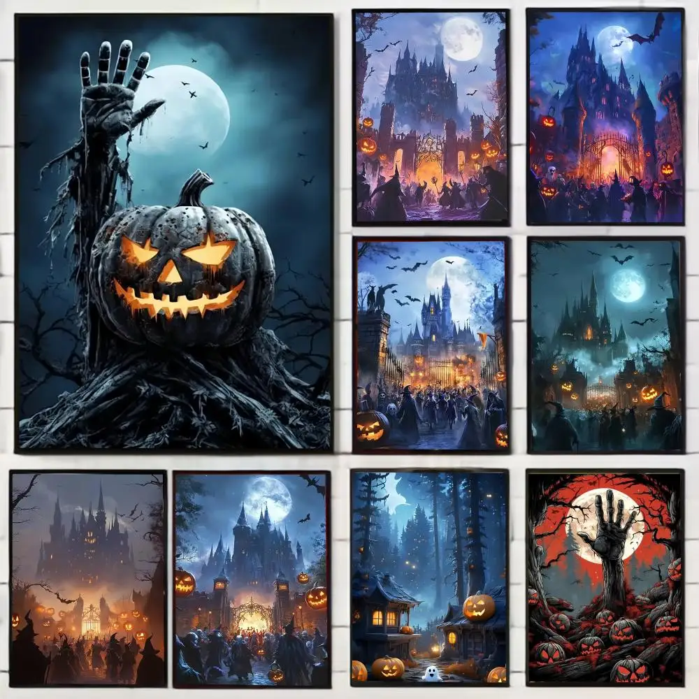 Halloween Castle Spells Rise of the Zombies Painting Calligraphy Stylish Wall Art Poster, Bedroom Living Room Home Decor Gift