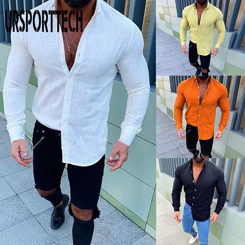 URSPORTTECH wysokiej jakości koszula męska Casual długi guzik na rękawie klapy męska koszula lniana wiosna jesień Streetwear Camisa Masculina