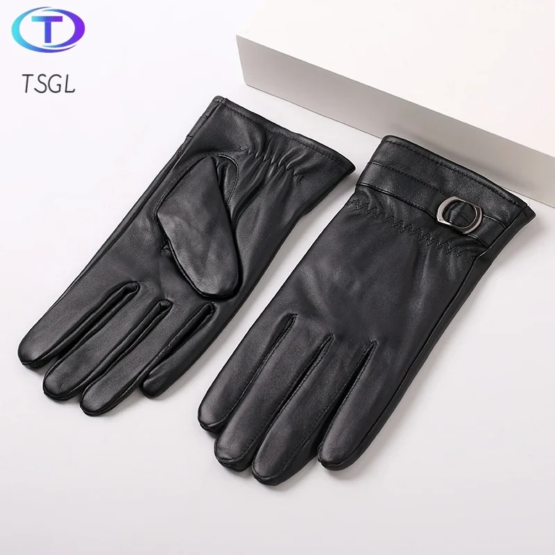 

Genuine Leather Sheepskin Gloves Business Men Winter Warm Fleece Touch Screen Gloves Driving Cycling Running Ski Gloves