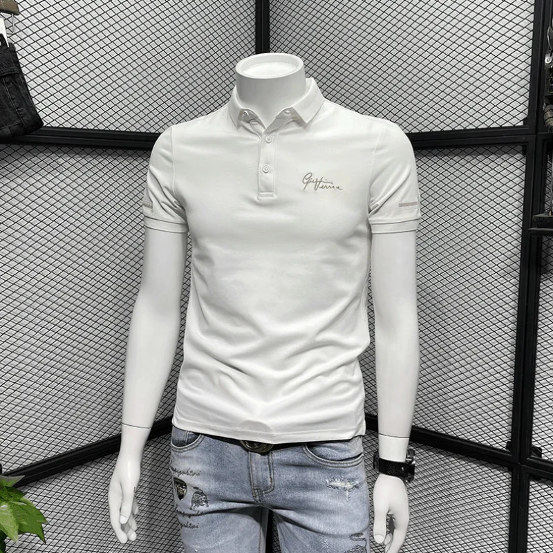 Embroidery Streetwear Polo T Shirt for Men High Quality Plain Skinny Mens with Collar Tee Shirts Top Clothing Cool New In Music