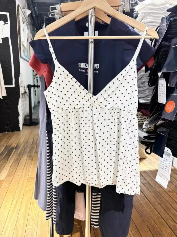 Sexy Polka Dot Tank Top for Women Summer New White Casual Backless V-neck Cotton Camisole Female All-match Slim Sweet Vest Tops