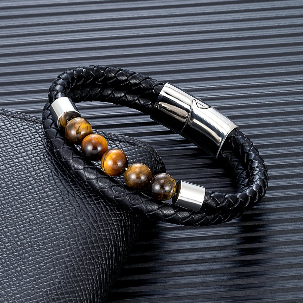 MKENDN Multi-layer Braided Leather Charm Bracelet Peacock Green Tiger Eye Stone Bracelet For Men Simple Stainless Steel Jewelry