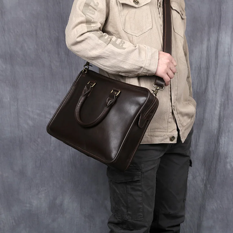 NZPJ Retro Herren Aktentasche Leder Laptoptasche Oberschicht Rindsleder Lässige Handtasche 14 Zoll Business Umhängetasche Messenger Bag – Detail 3